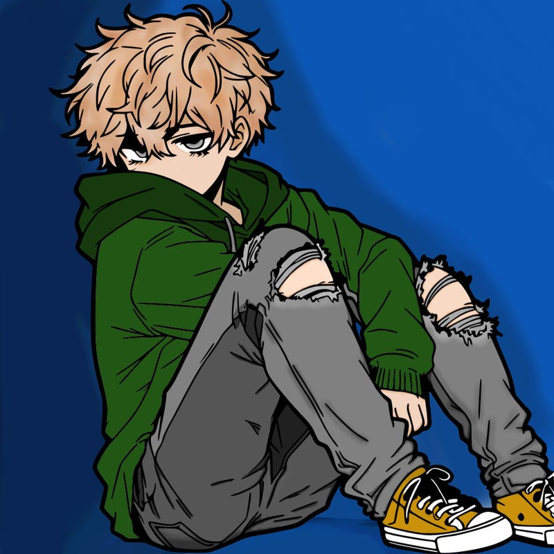 a male hoddie ripped jeans messy hair anime