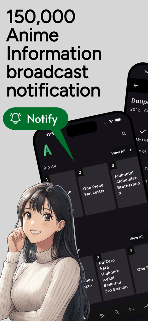 AnimeGO: Anime Search/Notify! - AnimeGO 앱 인터페이스는 방송 알림과 150000개 애니메이션 제목 데이터베이스를 강조합니다.