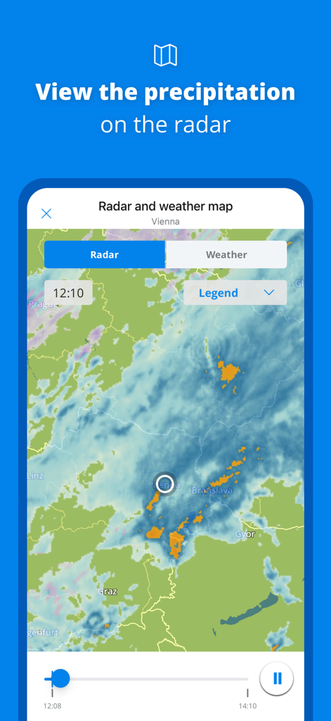 Interface of the Weeronline app featuring a live precipitation radar map