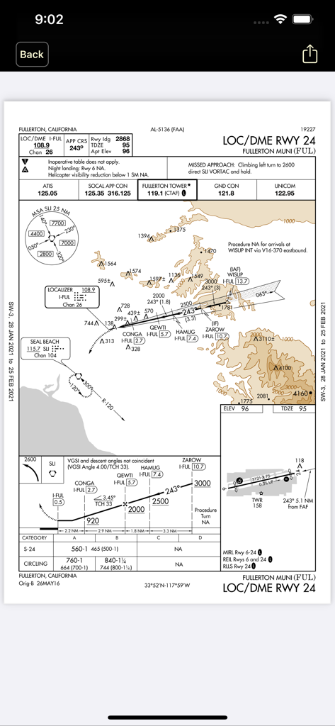 SimPlates - Fullerton Municipal Airport LOC DME runway 24 approach chart displayed in SimPlates app