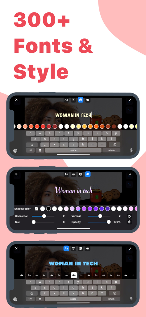 Thumbnail Creator for YouTube - Interfaz de la aplicación Creador de Miniaturas que muestra más de 300 fuentes y opciones de estilo de texto para videos.