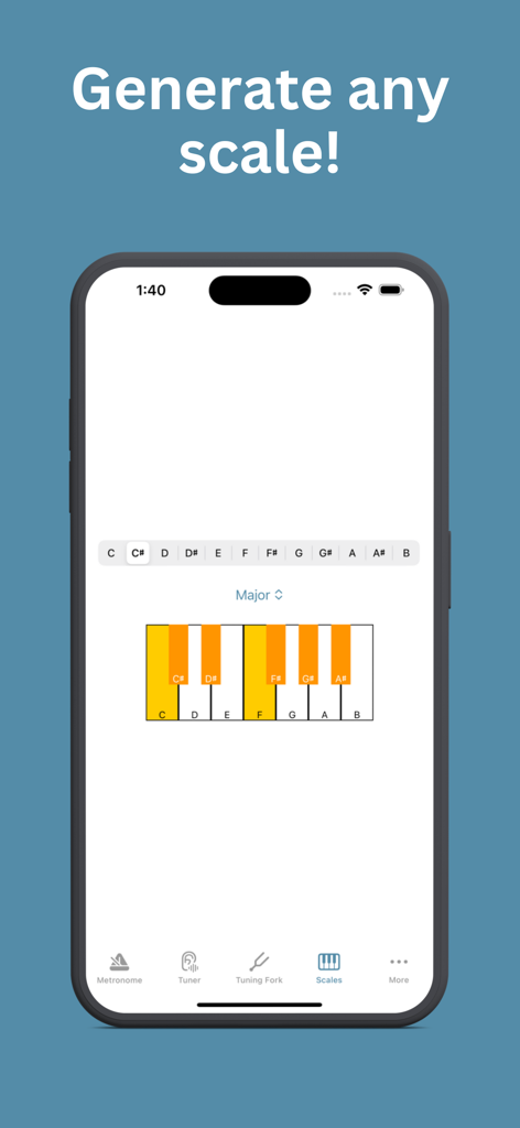 BeatTune - Tuner and Metronome - Interface do aplicativo BeatTune mostrando o recurso de gerador de escalas com um layout de teclado de piano