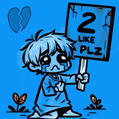 small poor toddler crying with sign that says 2 like plz