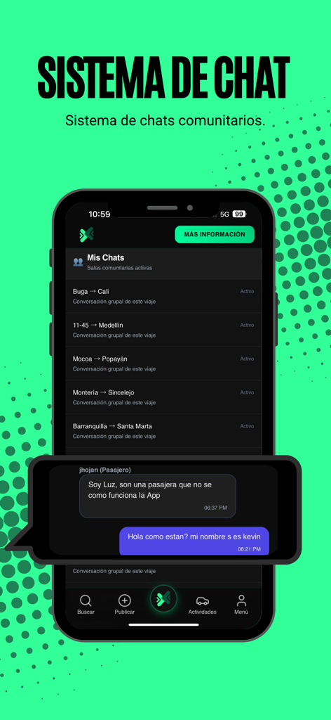 Interfaz del sistema de chat comunitario de la aplicación de carpooling Cupo con conversaciones activas de grupos de viajes