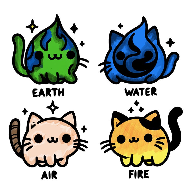 4 cats that represent the different elements, earth, water, air, and fire