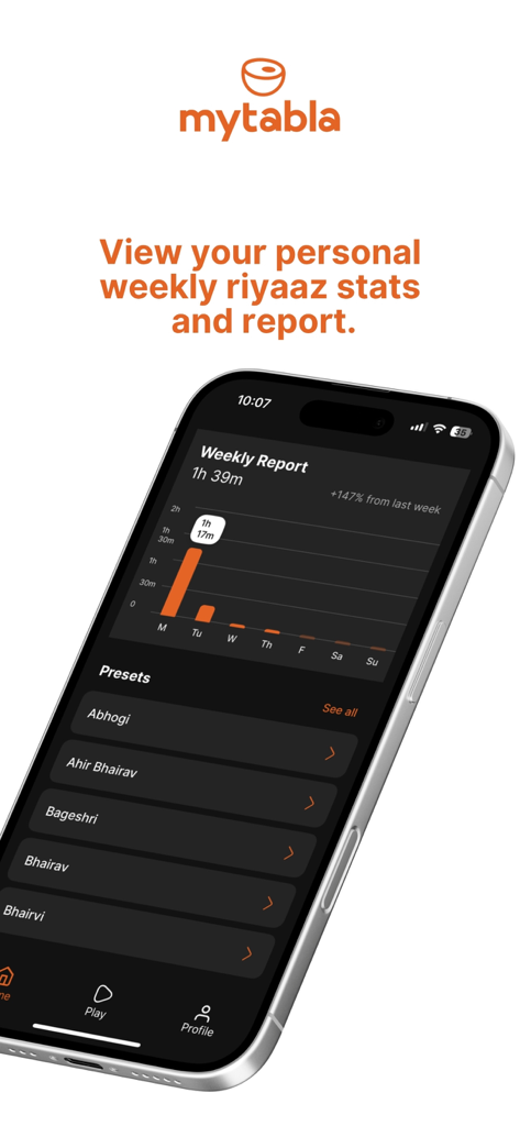 MyTabla app screen showing weekly riyaz practice statistics and reports