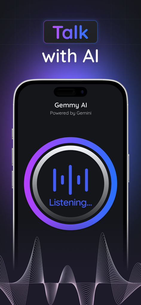 Gemmy AI: Chat & Assistant - Interface of the Gemmy AI app showing the voice interaction feature with the text Talk with AI