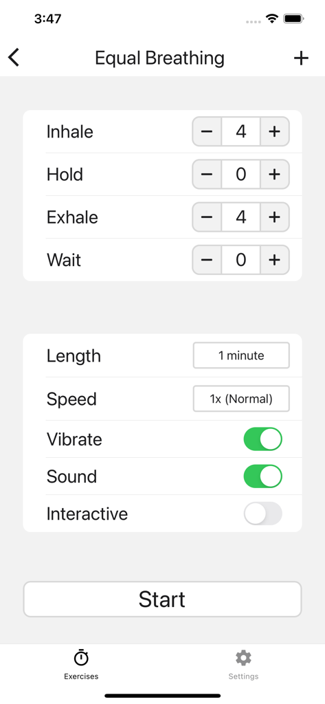 Open Breathwork Freely Breathe - Écran de configuration de l'exercice de Respiration Égale avec des durées personnalisables pour l'inspiration, l'expiration et la rétention.
