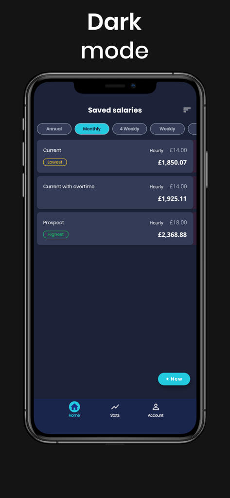 Interfaz de la aplicación Calculadora de Salario UK en modo oscuro que muestra comparaciones salariales guardadas para una planificación meticulosa
