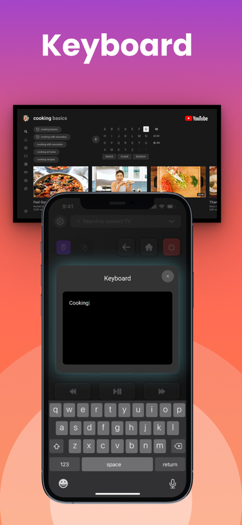 Universal Control TV Remote - Ein Smartphone verwendet die Tastaturfunktion der universellen TV-Fernbedienungs-App, um eine Suchanfrage auf dem Bildschirm eines Smart TVs einzugeben