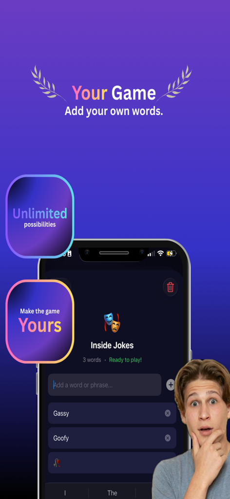 imposter party game screen showing custom word entry for inside jokes