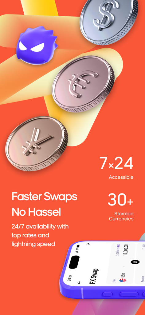 Interfaz de la aplicación móvil SAVO Wallet mostrando servicios de cambio de divisas 24/7 con soporte para más de treinta divisas globales.