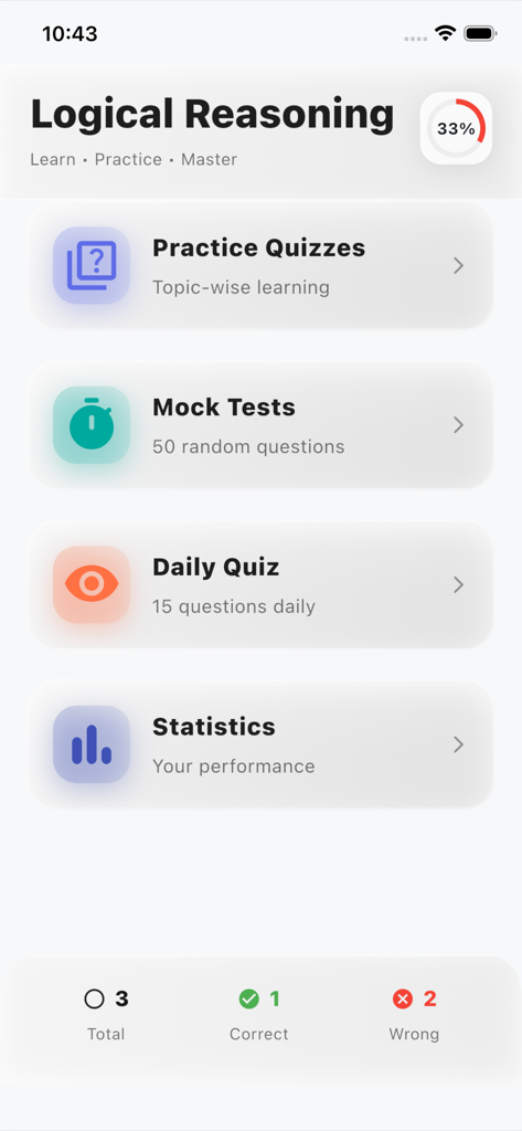 Logical Reasoning Test Pro app dashboard showing practice quizzes mock tests and performance statistics