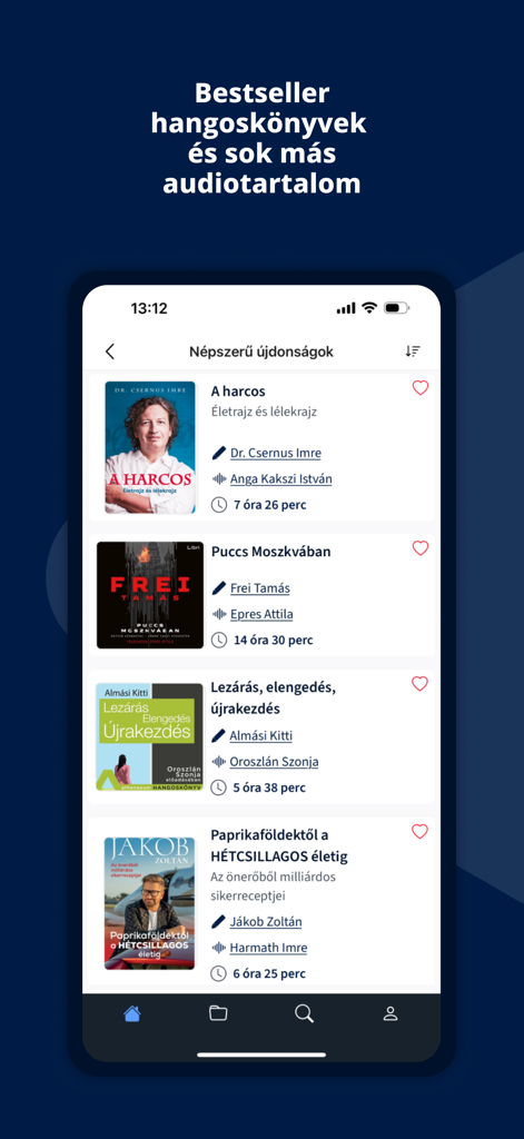 Schermata dello smartphone che mostra un elenco di titoli di audiolibri ungheresi popolari nella libreria dell'app Voiz