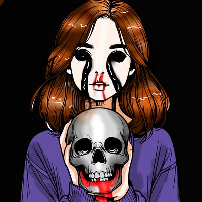 realistic girl holding a skull