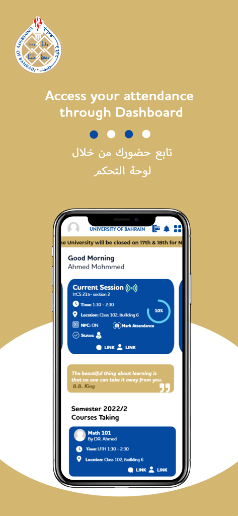 Smartphone screen showing the University of Bahrain app dashboard with attendance tracking and course schedules