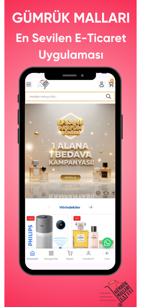 Gümrük Malları Satışı - Mobile app interface of Gumruk Mallari Satisi showing perfume promotions and discount products on a smartphone screen.
