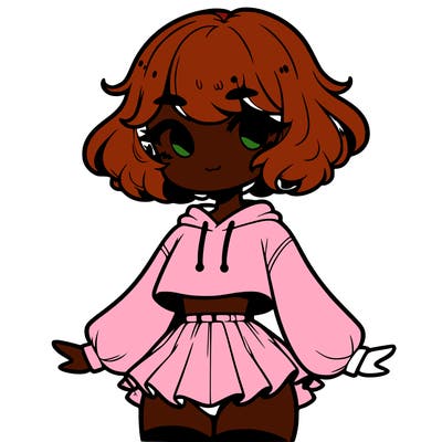 cute femboy with short, fluffy hair that softly frames their face, wearing a cropped hoodie, paired with a flouncy short skirt, and thigh-high stockings