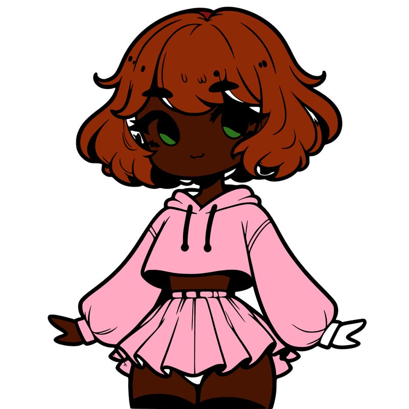 cute femboy with short, fluffy hair that softly frames their face, wearing a cropped hoodie, paired with a flouncy short skirt, and thigh-high stockings