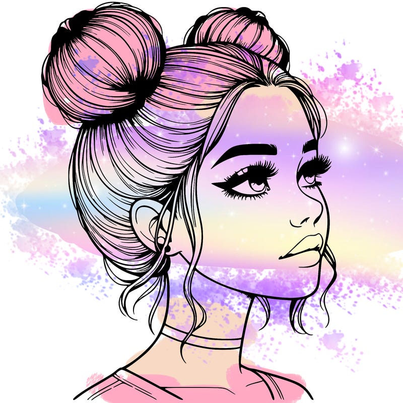 realistic girl with buns on the top of her head