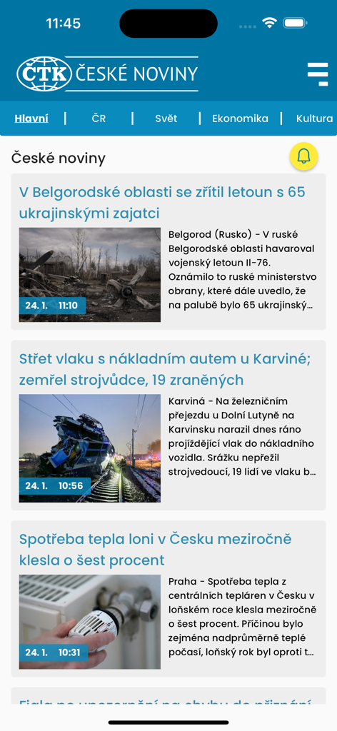Interface of the Ceske noviny CTK app displaying a feed of Czech news articles with headlines and thumbnails.
