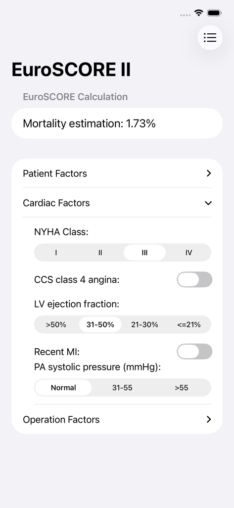 Interface do EuroSCORE II mostrando fatores de risco cardíaco e estimativa de mortalidade