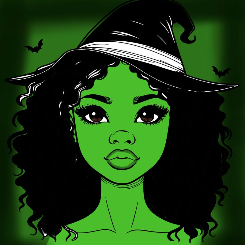 realistic black girl with wavy hair and witch hat and nose and lips