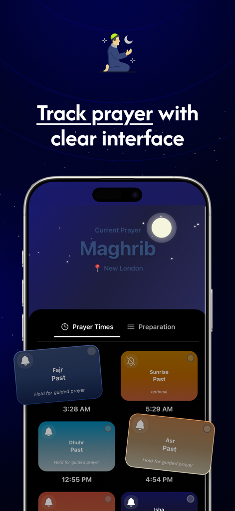 Huda: The App For Muslims - A modern smartphone interface tracking daily Muslim prayer times with a dark aesthetic