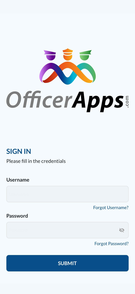 Login screen of the OfficerApps mobile application with fields for username and password