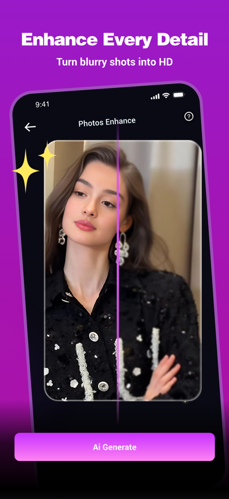 ReVibe: AI Photo & Video Maker - Uma comparação lado a lado mostrando uma foto borrada sendo transformada em qualidade HD usando ReVibe AI