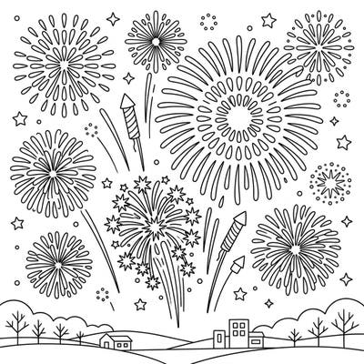 Get ready for a dazzling display with this exciting fireworks coloring page! Designed for kids aged 4-8, it features bursting aerial shells and rockets over a cheerful townscape, ready for a burst of color.