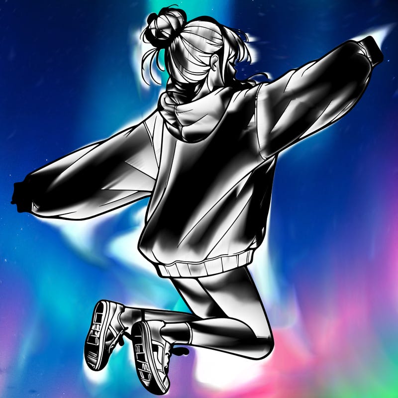 realistic girl jumping with a bun and oversized sweatshirt