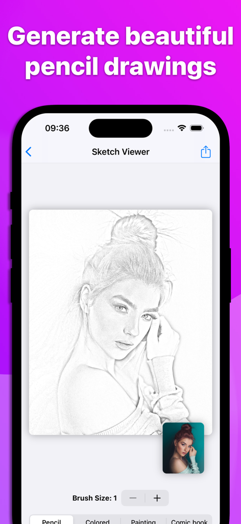 Pencil Sketch: Photo Drawing - 초상화 사진에서 생성된 사실적인 연필 스케치를 표시하는 iPhone 화면