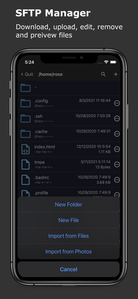 SNMP & SSH Terminal - SFTP Manager interface in the SNMP and SSH Terminal app showing a remote directory list and file management menu options.