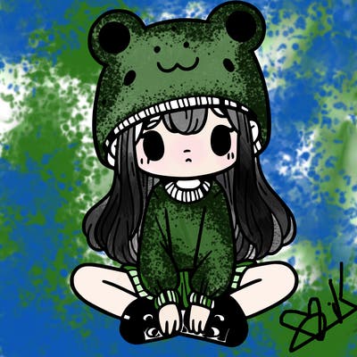 a girl wearing a frog hat and some frog socks