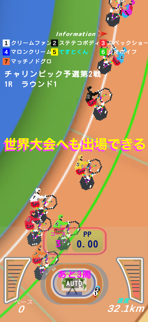 競争転ピストレーサ - 複数のサイクリストと日本語インターフェースが表示されたピクセルアートのトラックサイクリングレースゲームプレイ。