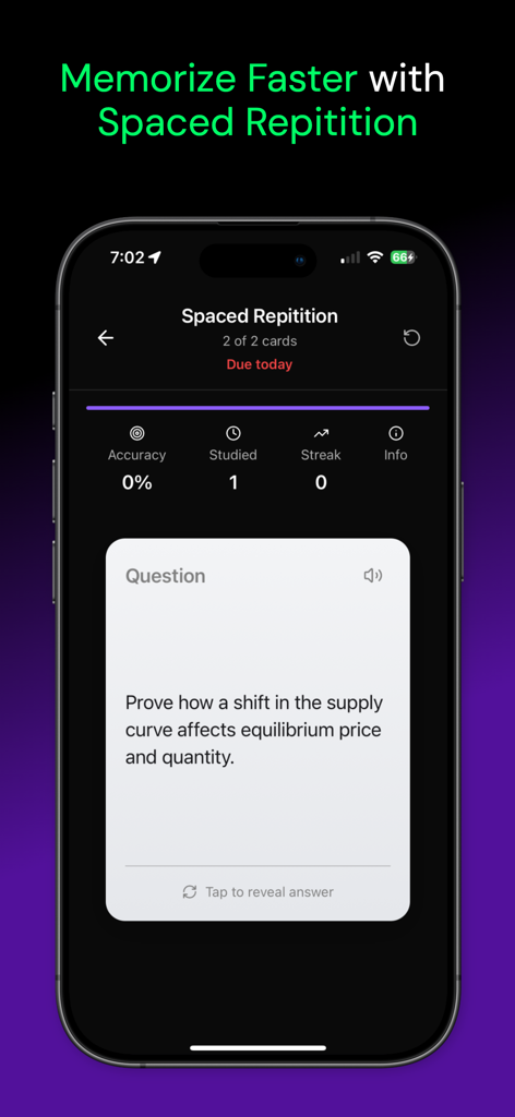 Pantalla de la aplicación Flashrecall mostrando una pregunta de tarjeta de memoria y el progreso del estudio de repetición espaciada.