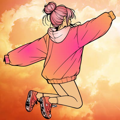 realistic girl jumping with a bun and oversized sweatshirt