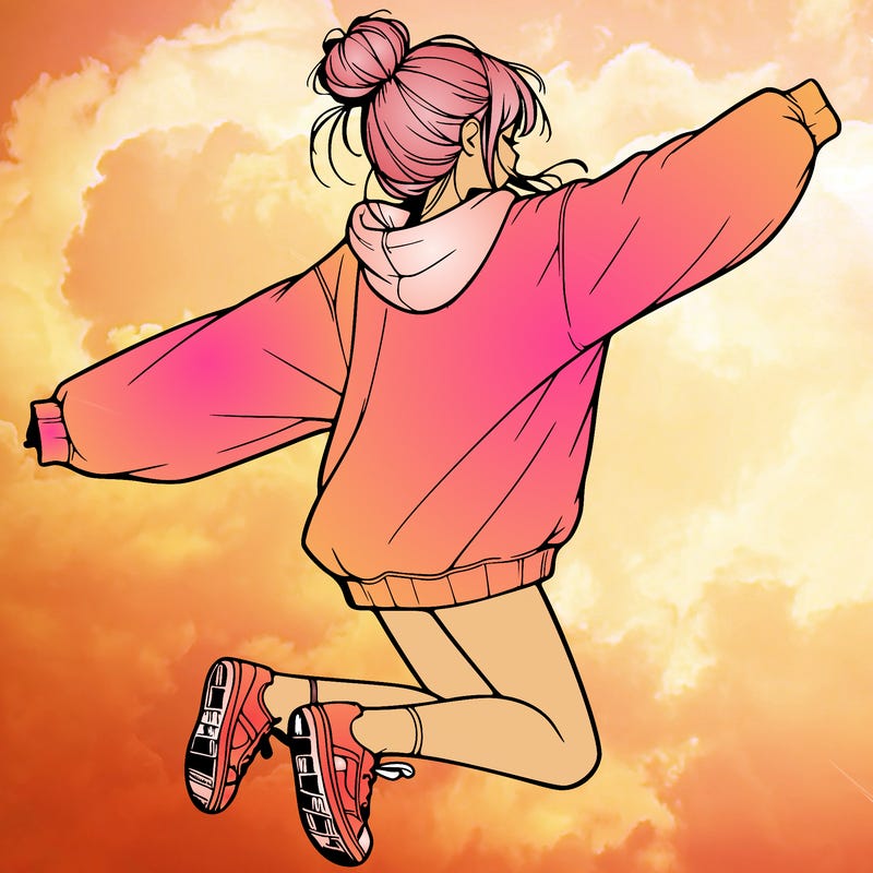 realistic girl jumping with a bun and oversized sweatshirt