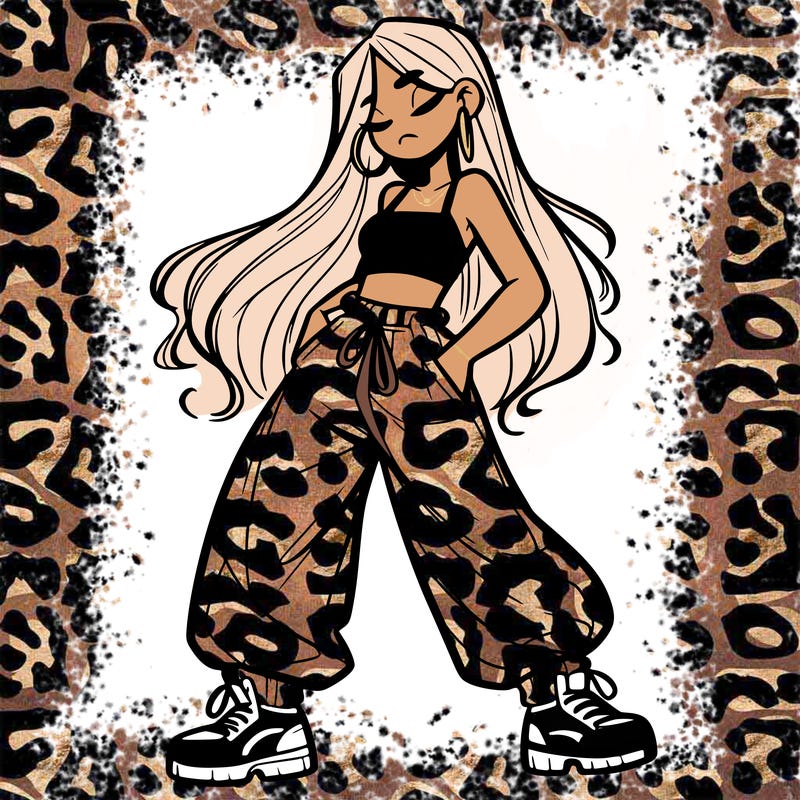 girl in baggy pants crop top and long hair