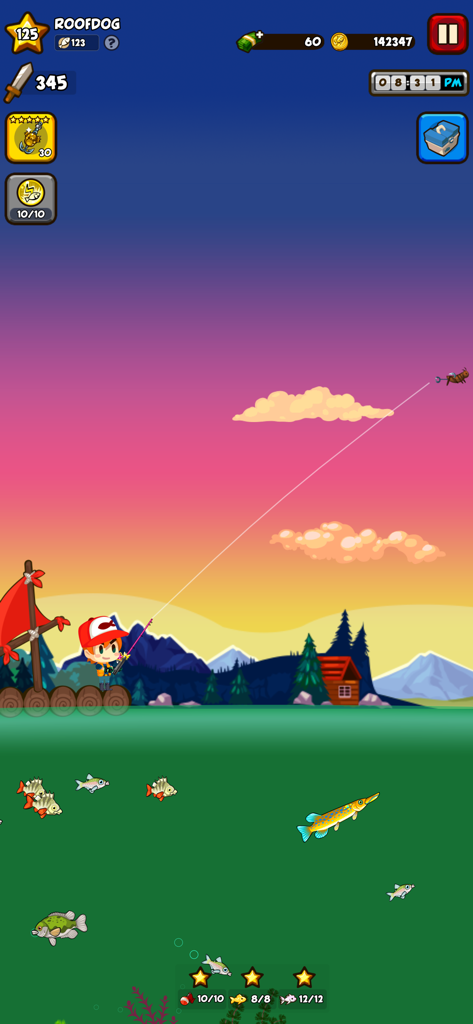 Fishing Break - A character on a raft fishing during sunset in the Fishing Break mobile game