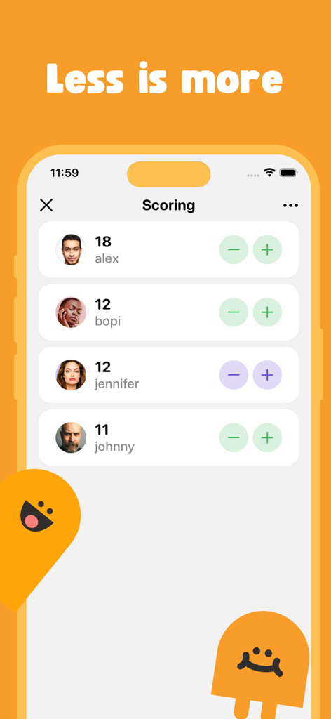 Interface of the Leaderboard app showing real-time score tracking for multiple players with profile pictures and plus-minus buttons.