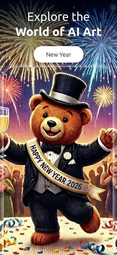 KI-generiertes Bild eines Teddybären im Smoking, der Silvester 2026 mit Feuerwerk feiert.
