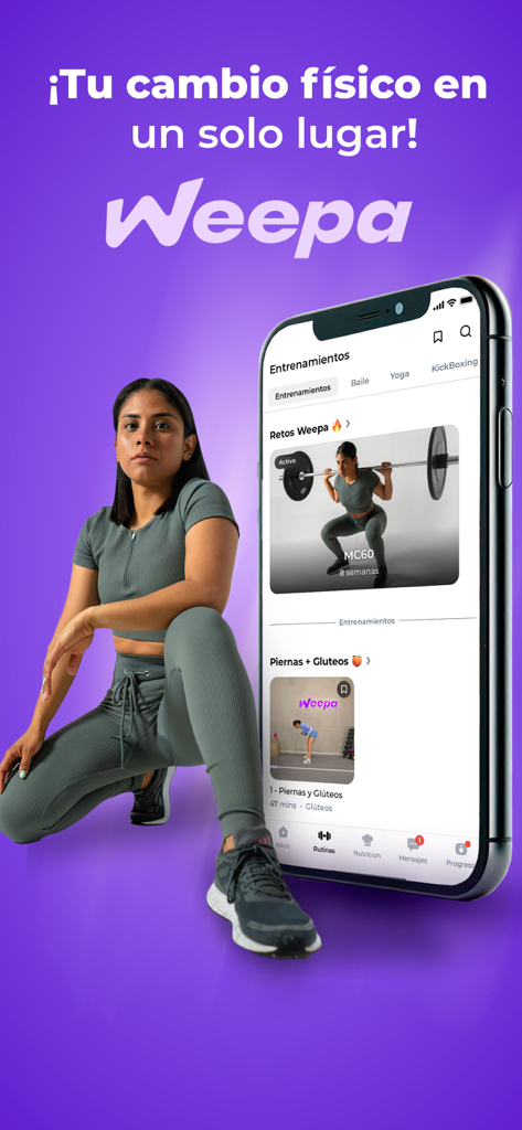 Weepa by Adriana Meaury - Interfaz de la aplicación de fitness Weepa mostrando rutinas de entrenamiento y a la entrenadora Adriana Meaury