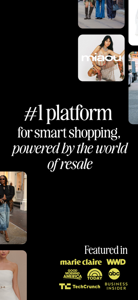 Beni app promotional screen showing its status as a top resale shopping platform with featured media logos