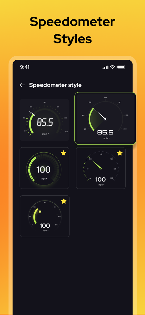 Un menú de diferentes estilos de velocímetro analógico y digital en la aplicación Fast Meter.