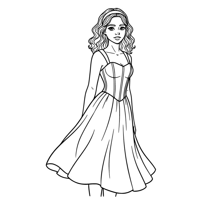 a pretty girl who curled her hair and is wearing a corset dress that has straps. it is a flowy dress and goes a little past her knees. she has a classic headband on. she has fairly small lips but not too small, just average. she is 16.