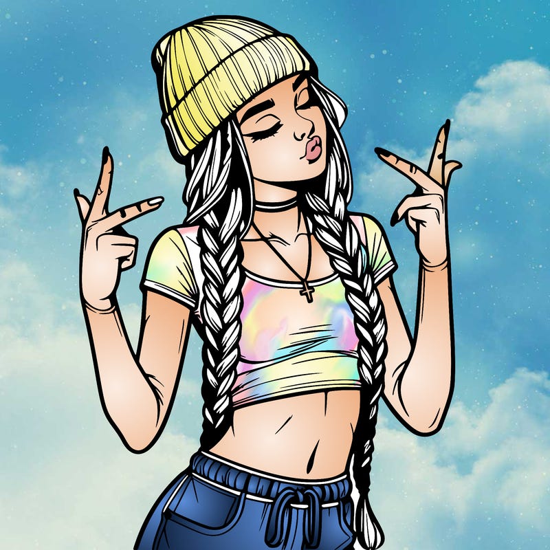 realistic teenage girl with braids and a beanie and crop top doing 🫶🏼