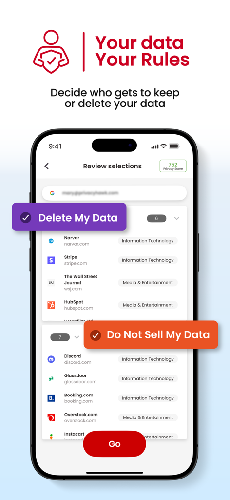 PrivacyHawk - PrivacyHawk app interface showing options to delete personal data or request companies not to sell data
