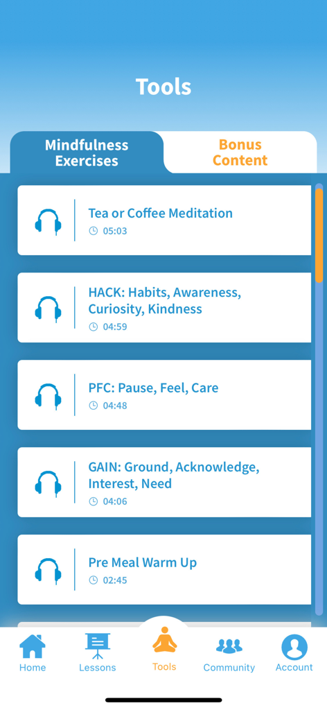 The Tools screen of the Eat Right Now app featuring a list of mindfulness exercises for mindful eating.